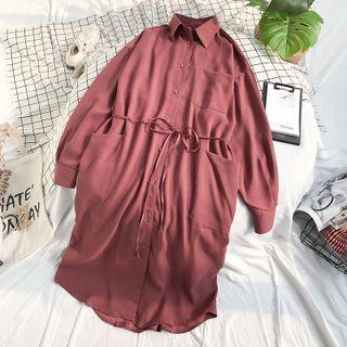 Long Sleeve Pocket Front Shirt Dress With Sash