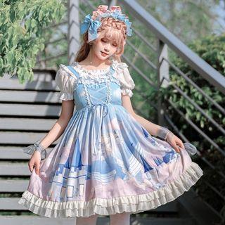 Spaghetti Strap Ruffled Printed Lolita Dress