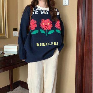 Lettering Flower Sweater / Plain Wide-leg Pants