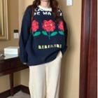 Lettering Flower Sweater / Plain Wide-leg Pants