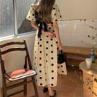 Puff-sleeve Dot Open-back Bow Accent Dress Almond - One Size