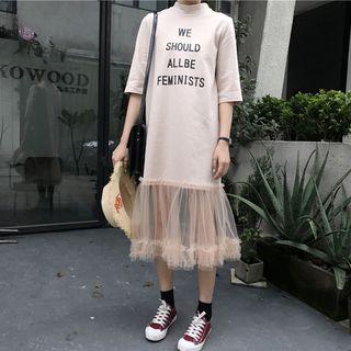 Mesh Hem Lettering Mock Neck T-shirt Dress