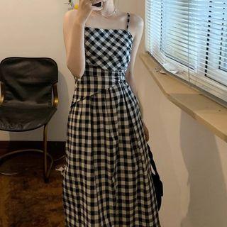 Sleeveless Check A-line Dress Black - One Size