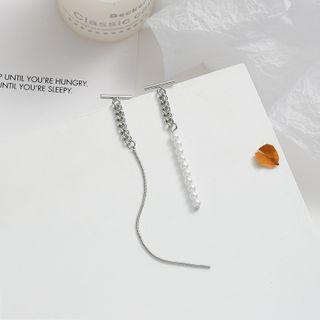 Faux Pearl Alloy Chain Asymmetrical Earring 1 Pair - 925silver Earrings - Silver - One Size