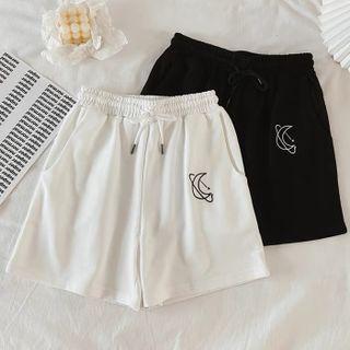 Moon Embroidered Drawstring Shorts