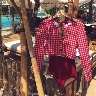 Set: Gingham Cropped Cardigan + Bikini Top + Bottom