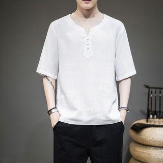 Elbow-sleeve Linen V-neck T-shirt