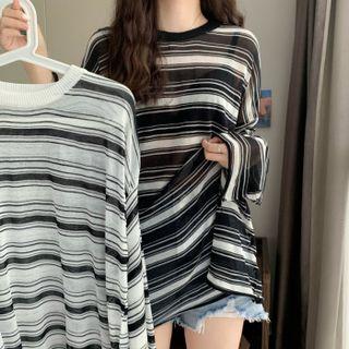 Long-sleeve Round Neck Loose-fit Striped Top