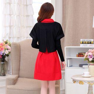 Set: Long-sleeve Woolen Dress + Short-sleeve Plain Top
