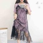 Set: Short-sleeve A-line Dress + Strappy Lace Dress