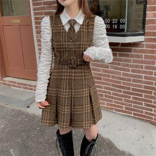 Sleeveless Plaid Mini Dress / Plain Shirt / Tie / Set