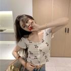 Cherry Print Cropped T-shirt White & Red - One Size