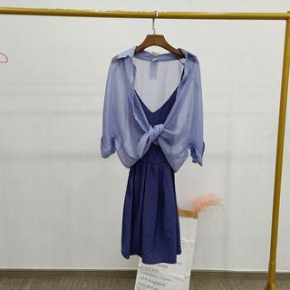 Set: Spaghetti Strap A-line Mini Dress + 3/4-sleeve Shirt