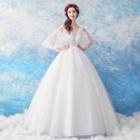 Lace Trim Cut Out Shoulder 3/4 Sleeve Wedding Ball Gown