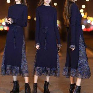 Floral Panel Mock Two-piece Midi Knit Dress