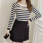 Plain / Striped Cut-out Long-sleeve Knit Top