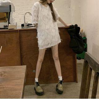 V-neck Fringed Mini T-shirt Dress White - One Size