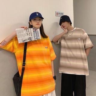 Couple Matching Elbow Sleeve Striped Print T-shirt