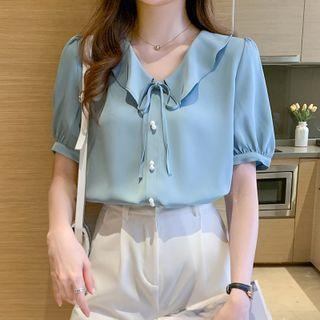 Puff Short-sleeve V-neck Ruffle Neckline Chiffon Blouse