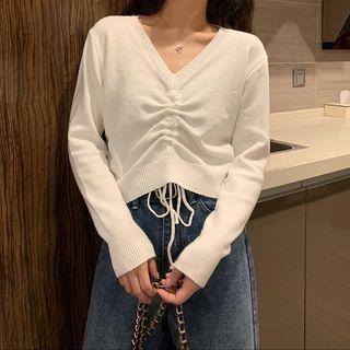 Long-sleeve Drawcord V-neck Knit Top