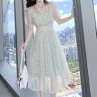 Set: Spaghetti Strap Floral Print Midi Dress + Short-sleeve Mesh Midi Dress