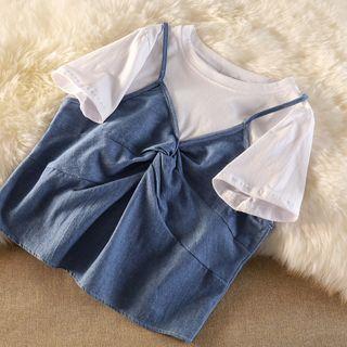 Short-sleeve Mock Two Piece Denim Top As Figure - One Size