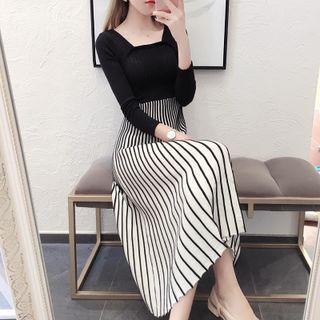 Square-neck Striped Panel Midi A-line Dress
