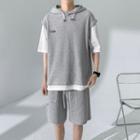 Set: Short-sleeve Mock Two-piece Hooded T-shirt + Shorts