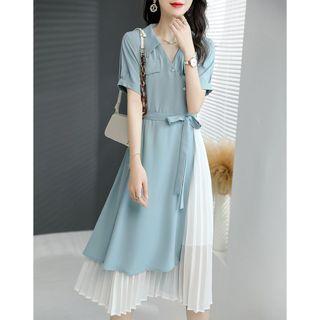 Pleated Panel Midi A-line Shirt Dress