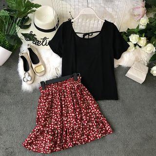 Set: Puff-sleeve Tie-back Top + Printed Skirt