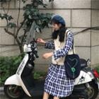 Plaid Long-sleeve Midi Shift Dress / Button Vest