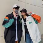 Couple Matching Color Block Lettering Zipped Jacket