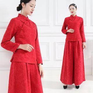 Set: Long-sleeve Mandarin Collar Top + Midi A-line Skirt