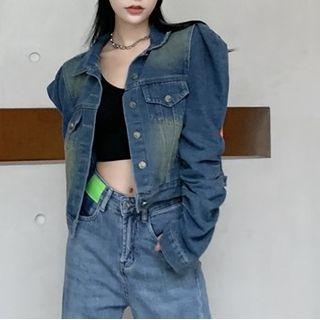 Puff-sleeve Gradient Denim Jacket