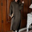 Long-sleeve Knit Midi Dress Coffee - One Size
