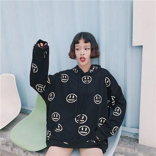 Long Sleeve Print Drawstring Hooded Top