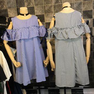 Cutout Shoulder Ruffle Gingham A-line Dress