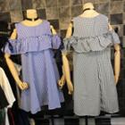 Cutout Shoulder Ruffle Gingham A-line Dress