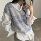 V-neck Color Block Plaid Knit Vest / Plain Shirt