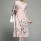 Lace V-neck 3/4-sleeve Midi A-line Dress