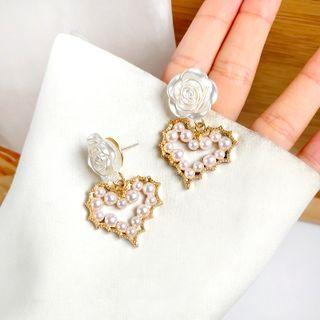 Faux Pearl Rose Sterling Silver Drop Earring 1 Pair - White & Gold - One Size