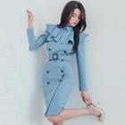 Long-sleeve Ruffled Double-breasted Bodycon Dress