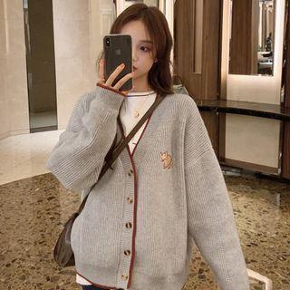 Contrast Trim Embroidered Cardigan Gray - One Size