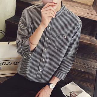 Striped Stand Collar 3/4-sleeve Shirt