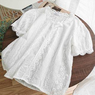 Crochet V-neck Blouse White - One Size
