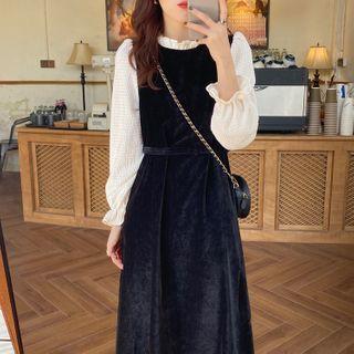 Mock Two-piece Ruffle Trim Lantern-sleeve Panel Velvet Pinafore Dress
