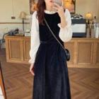 Mock Two-piece Ruffle Trim Lantern-sleeve Panel Velvet Pinafore Dress