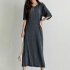 Elbow-sleeve Crystal-pleat Long Dress