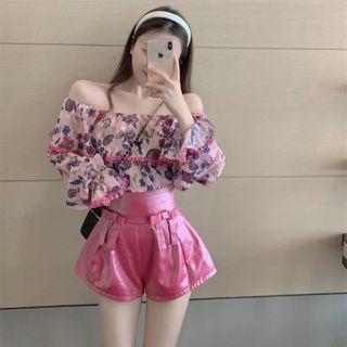 Off Shoulder Floral Top / High Waist Bow Shorts