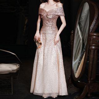 Off-shoulder Cap Sleeve Gradient Sequined A-line Evening Gown